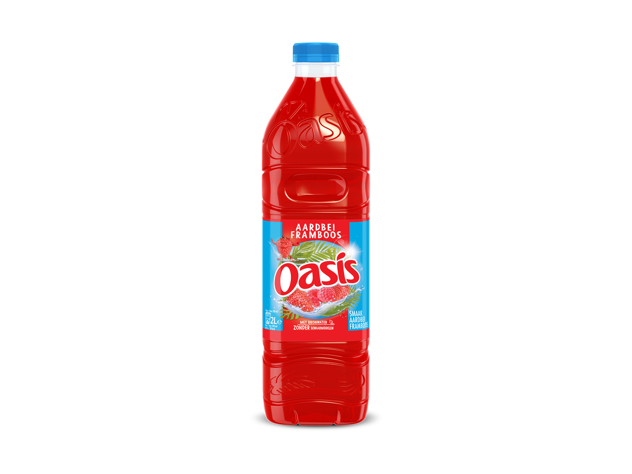 Een fles rode frisdrank met aardbei- en frambozensmaak, met een blauwe dop.