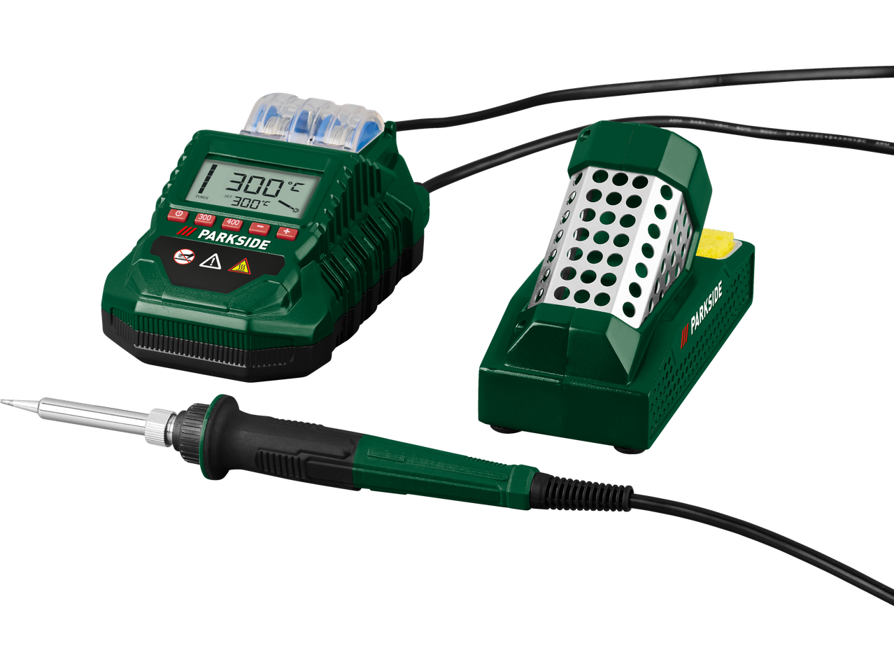 Stație de lipit PARKSIDE cu afișaj digital, ciocan de lipit și suport.