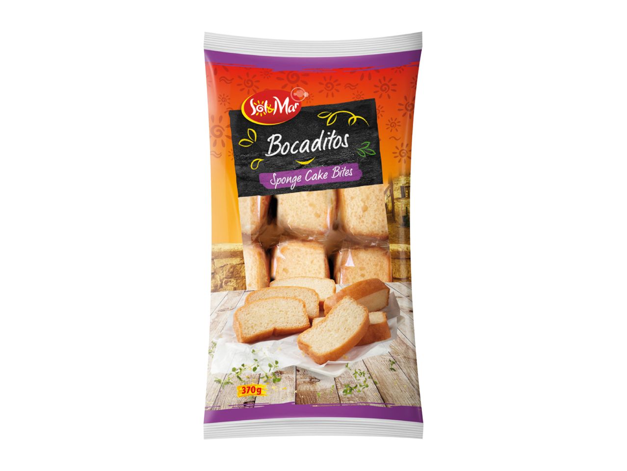 Packaging for sponge cake bites, with a rustic wooden background and sun patterns.