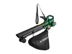 Green and black leaf blower with a collection bag and shoulder strap