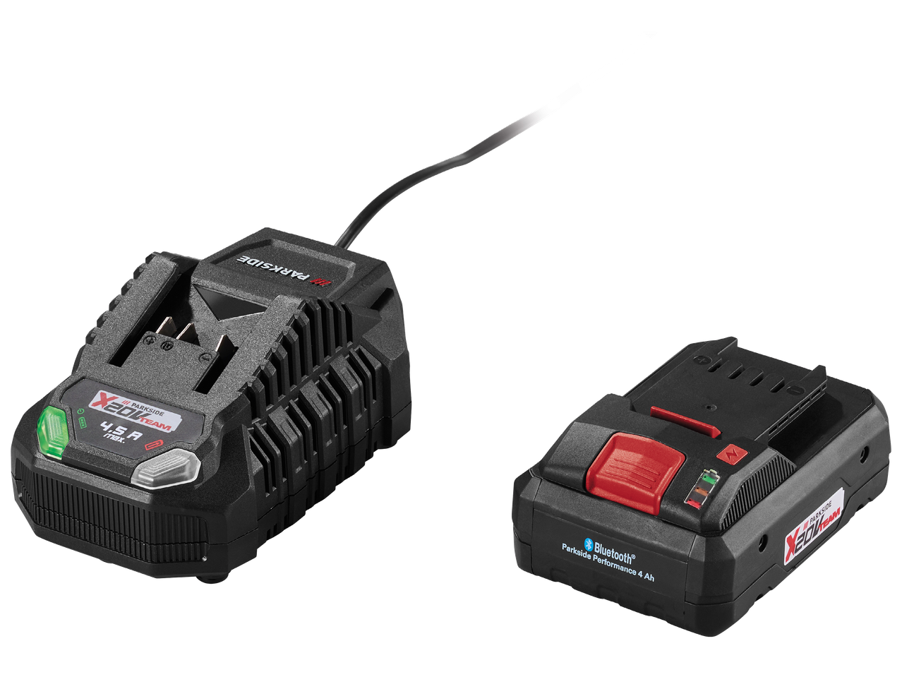 Зарядно устройство и батерия за електроинструменти, като зарядното е с надпис '4.5 A max.', а батерията е с надпис 'Bluetooth Parkside Performance 4 Ah'.