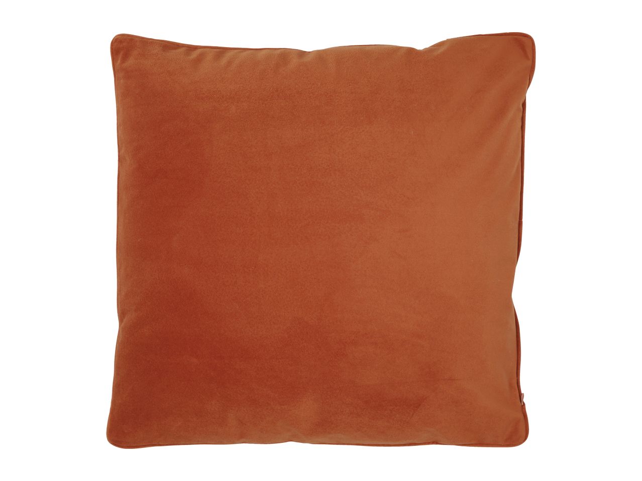 A plain orange velvet cushion with piped edges.