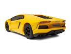 Yellow toy sports car with black wheels and tinted windows, viewed from the rear.