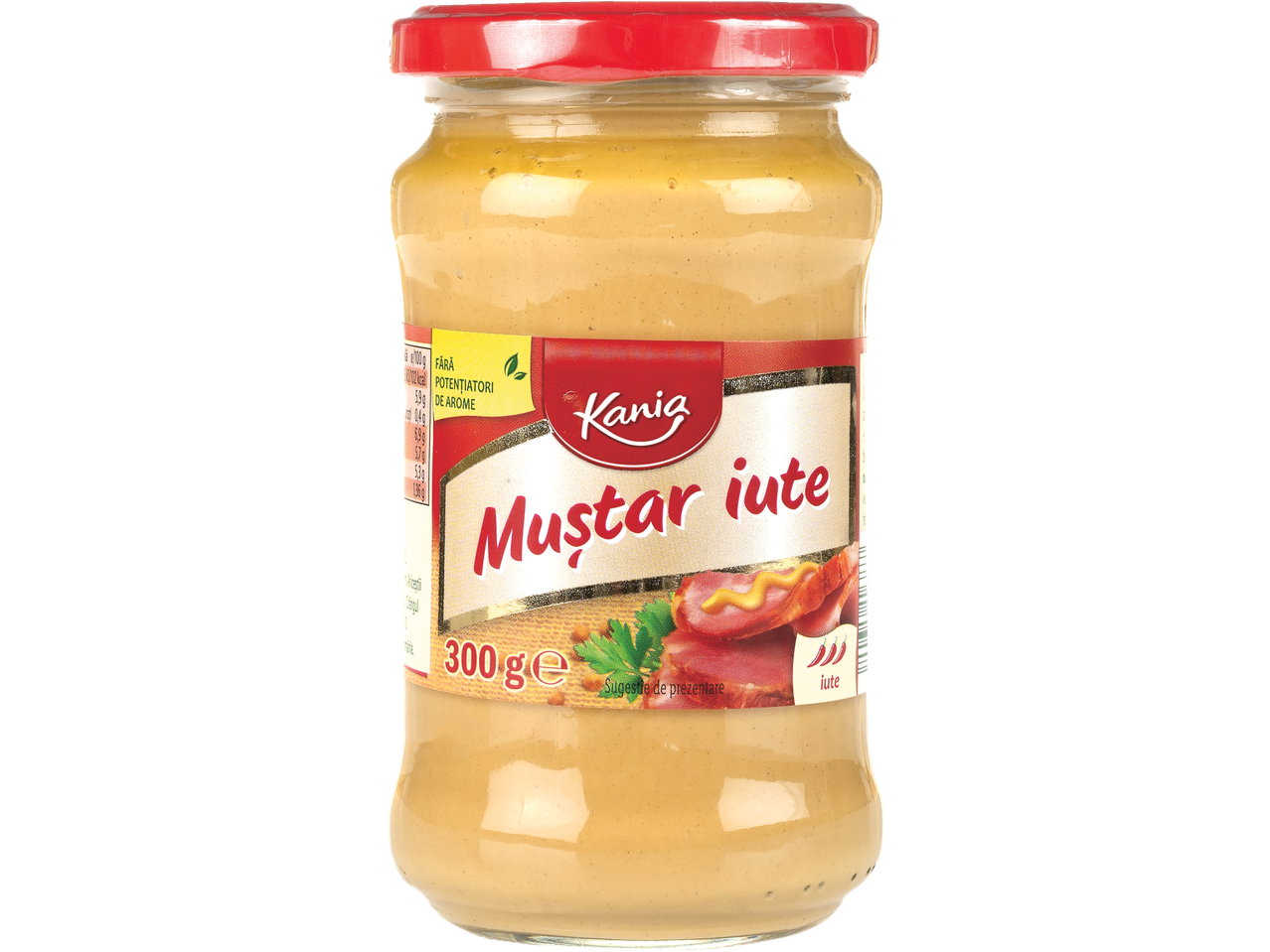 Borcan de muștar iute Kania de 300g, cu imagine de cârnați și ardei iuți.