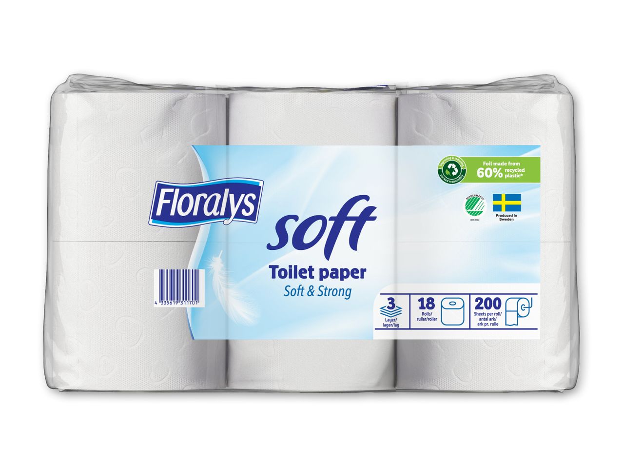 Pakke med 18 ruller toiletpapir med 3 lag, 200 ark pr. rulle, fremstillet i Sverige af 60% genanvendt plast.