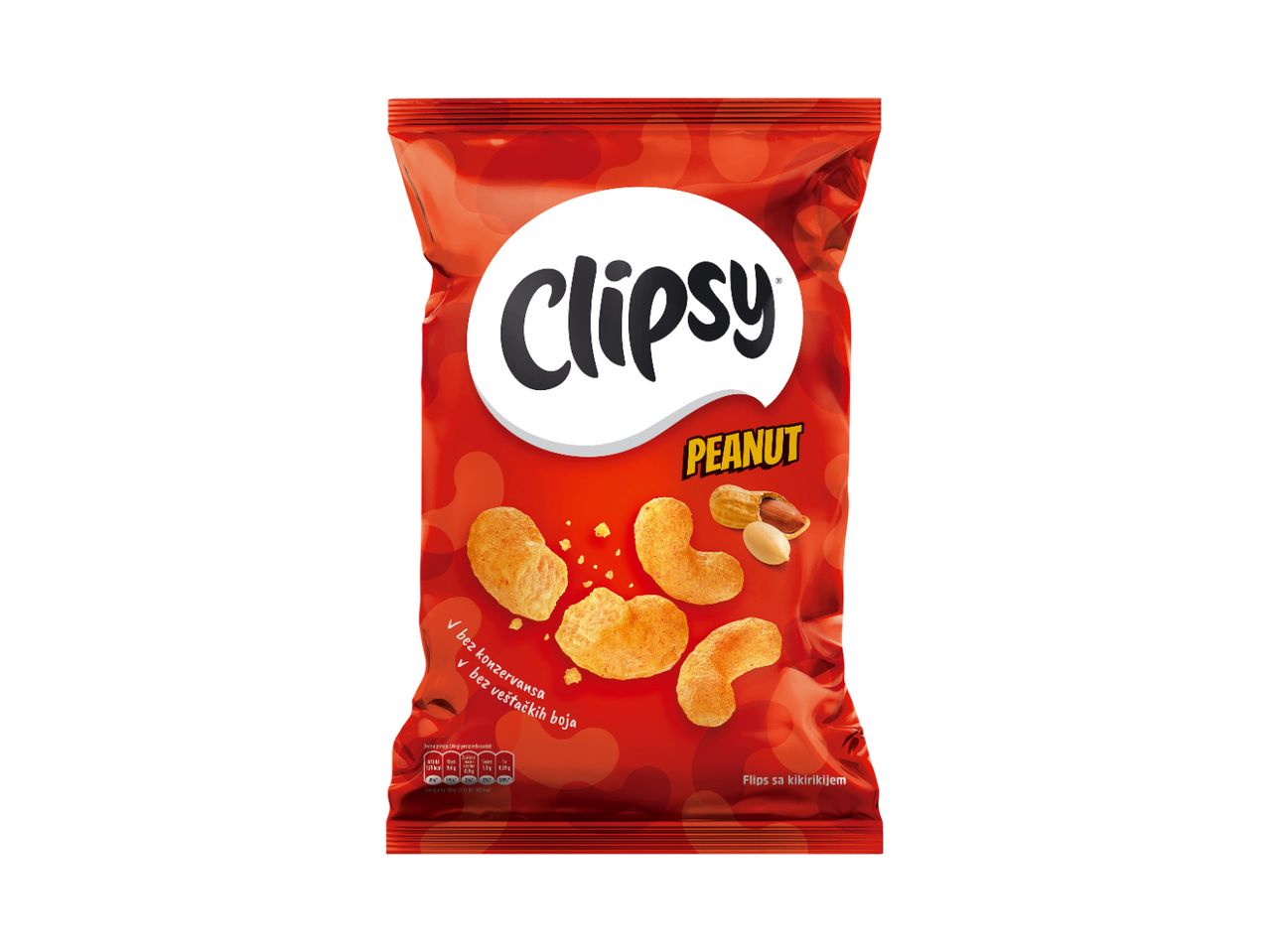 Crvena kesica Clipsy kikiriki flipsa sa slikom flipsa i kikirikija.