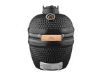 Black ceramic kamado grill with a built-in thermometer and wooden handle