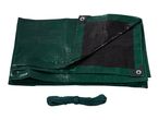 Folded green and black tarpaulin with grommets and a coiled green rope.