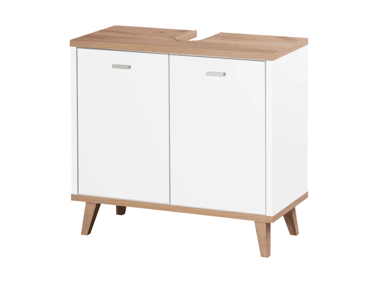 Mobiletto da bagno bianco con piano effetto legno e apertura per lavabo.