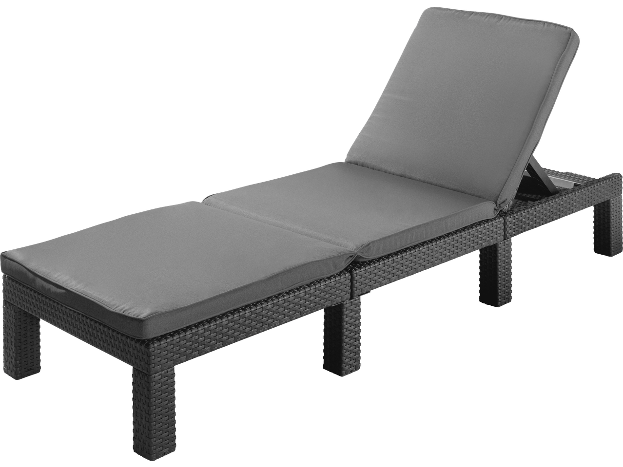 Livarno Wicker Sun Lounger with grey cushions on a black background