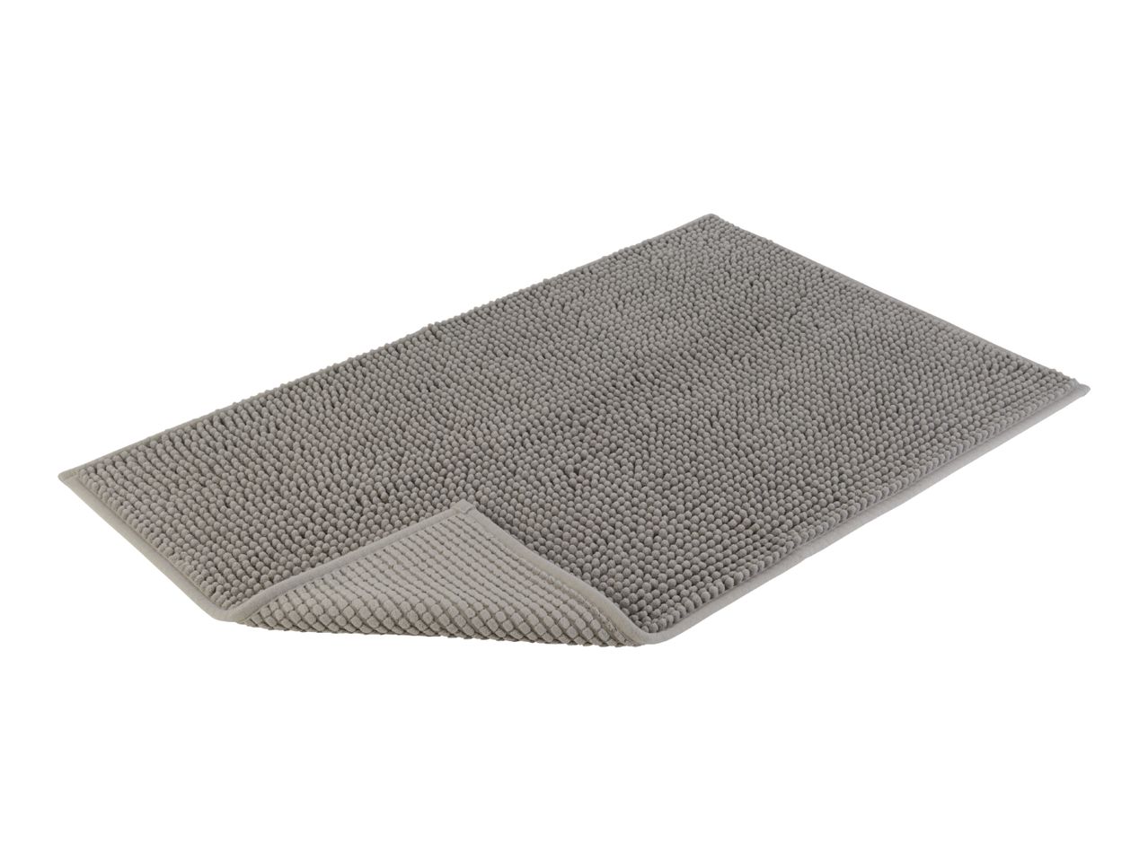A gray bath mat with a textured surface is shown at a slight angle.