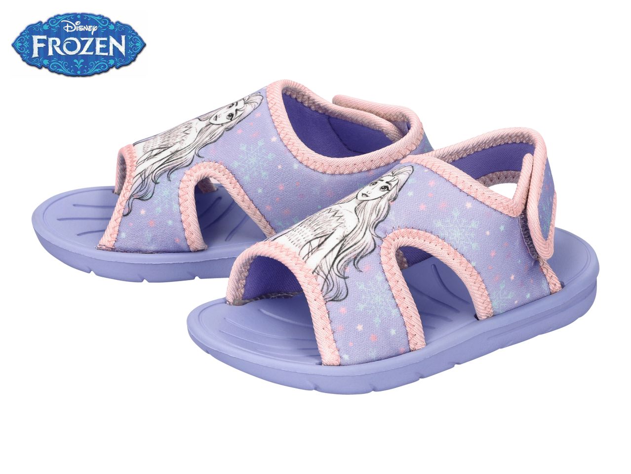 Pair of purple children's sandals with Elsa from Frozen design and snowflake pattern.