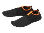 Pair of black and orange water shoes with textured mesh and ribbed fabric.