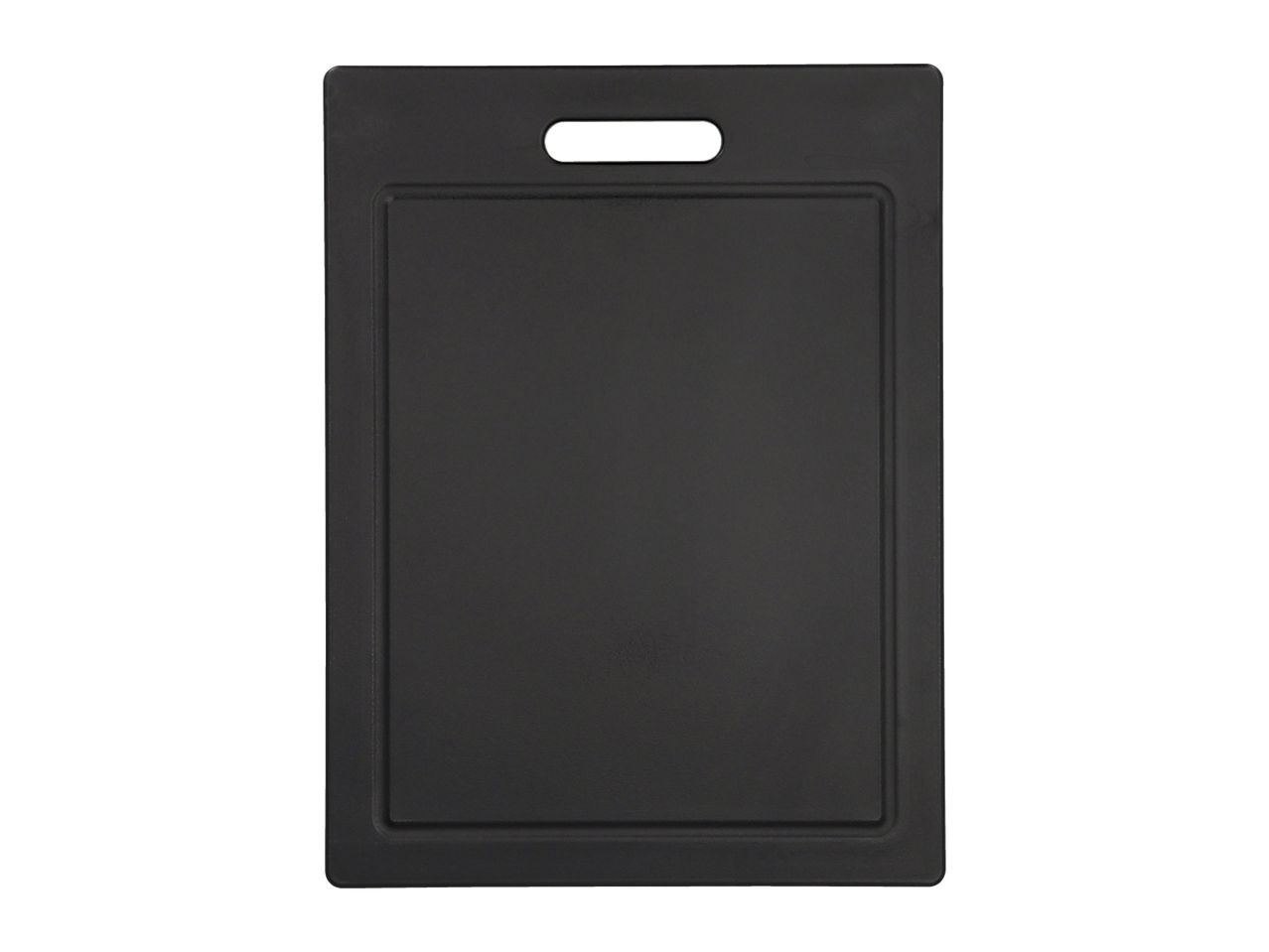 Black rectangular cutting board with a handle and a juice groove