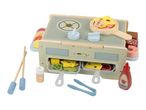 Wooden toy barbecue grill with play food, utensils, and condiments.