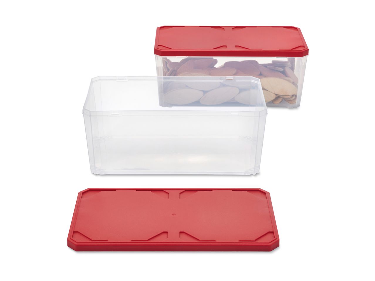 Transparente Aufbewahrungsboxen mit roten Deckeln.