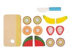 Wooden toy cutting board, knife, and various fruit pieces including kiwi, orange, banana, strawberry, watermelon, and passion fruit.