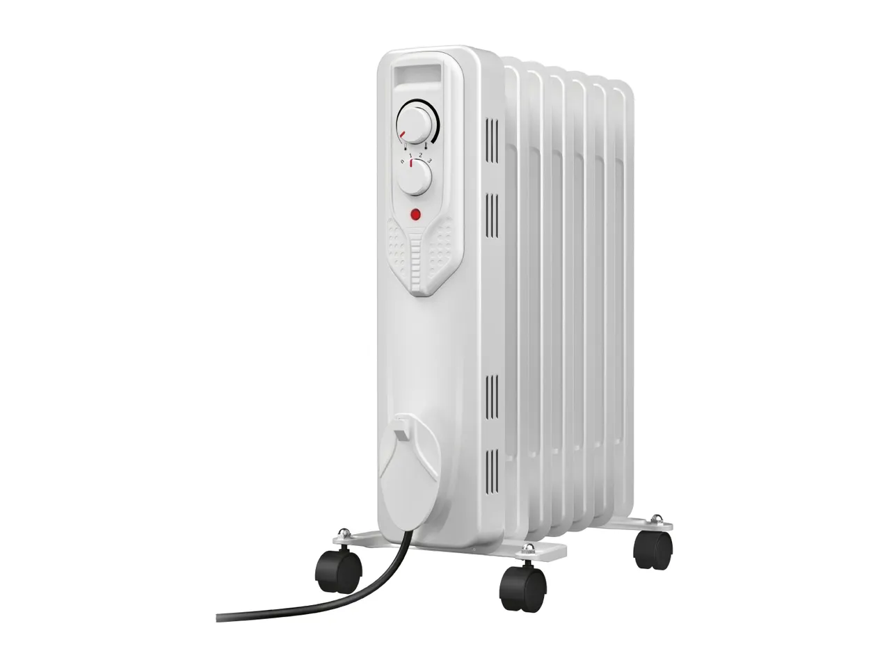 White oil-filled radiator with control dials and wheels