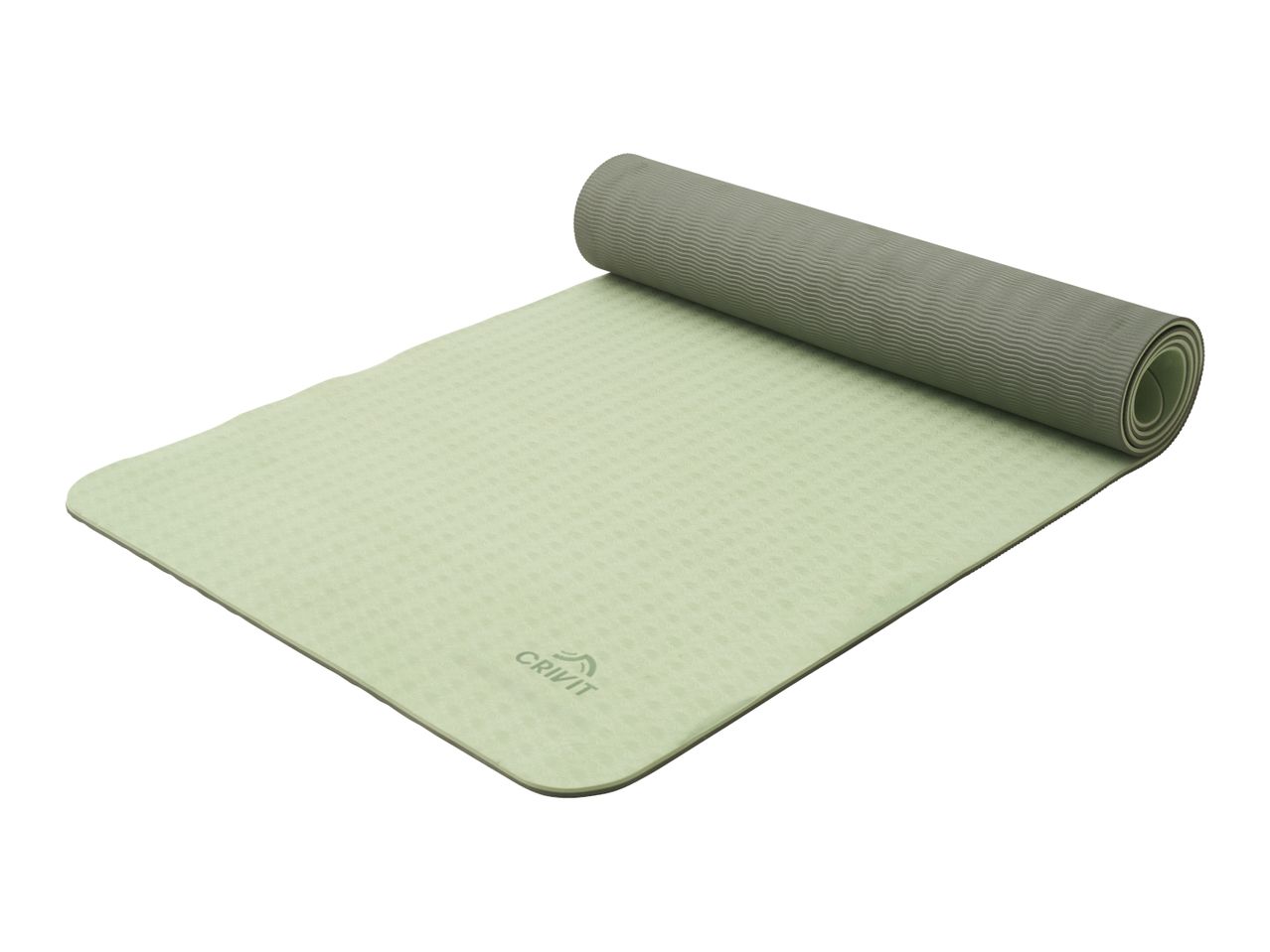 Light green yoga mat, partially rolled up, with a textured surface.