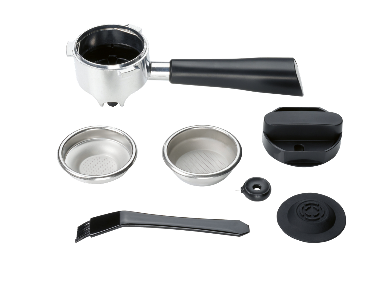 Accesorii pentru espressor, inclusiv portafiltru, filtre și perie de curățare.