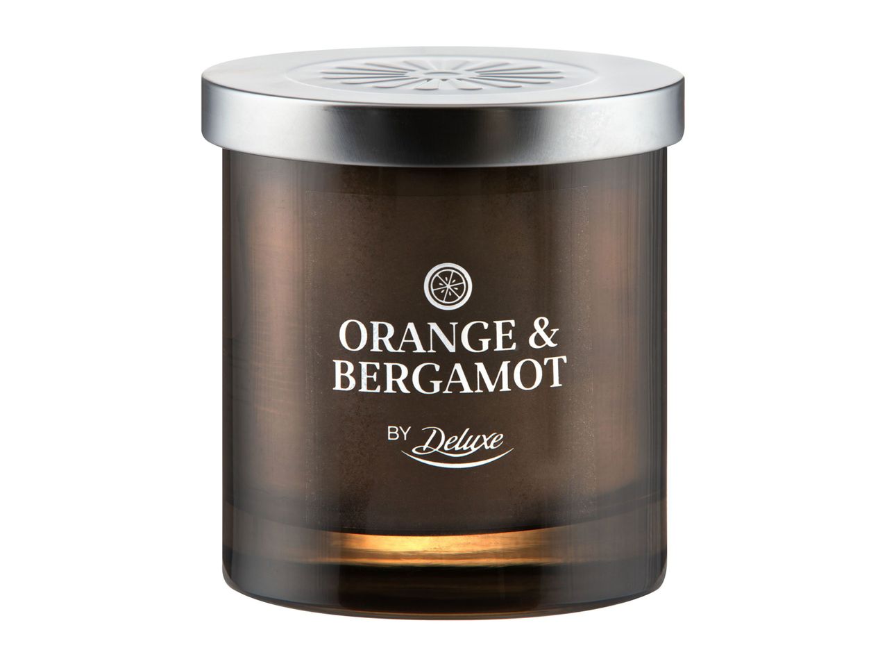 Deluxe Orange & Bergamot scented candle in a dark glass jar with a silver lid.