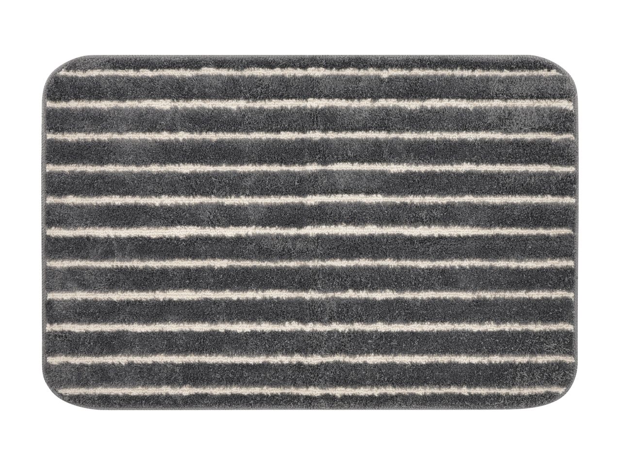 Grey striped bath mat with rounded corners.