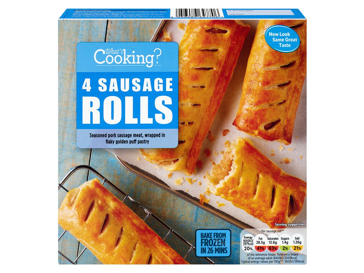 4 What's Cooking? sausage rolls, frozen, wrapped in flaky golden puff pastry.