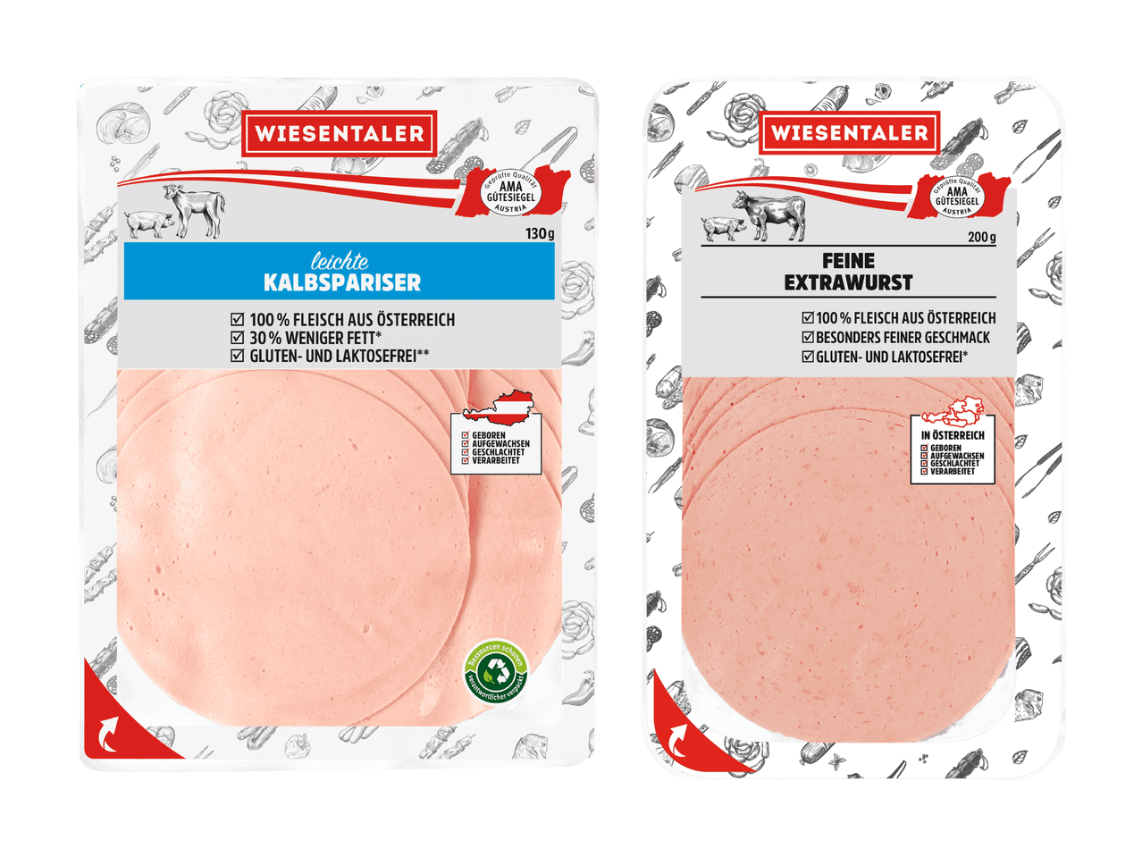 Wiesentaler Kalbspariser und Extrawurst, beide aus Österreich und gluten-/laktosefrei.