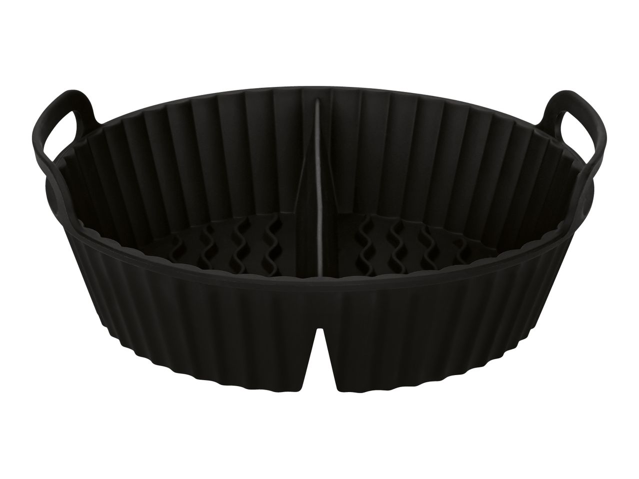Black silicone air fryer basket with a divider and handles.