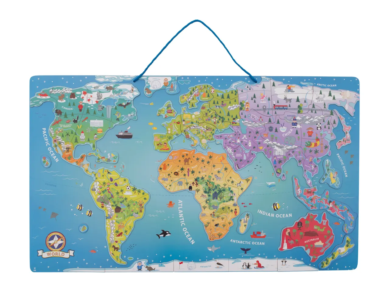 Colorful world map puzzle for children, featuring countries, oceans, and iconic landmarks.