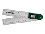 Digital angle ruler with a green display showing 19.7 degrees, and a metal ruler marked 0-180.