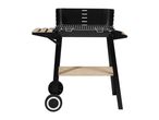 Black charcoal barbecue grill with wooden side shelves and a bottom storage rack, on wheels.