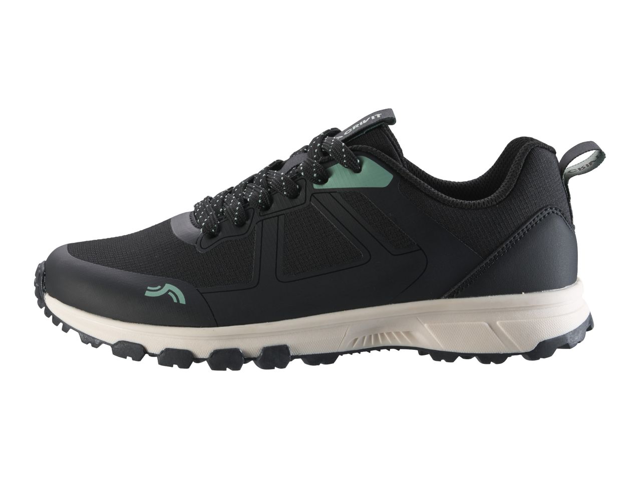 Black and beige trail running shoe with green accents