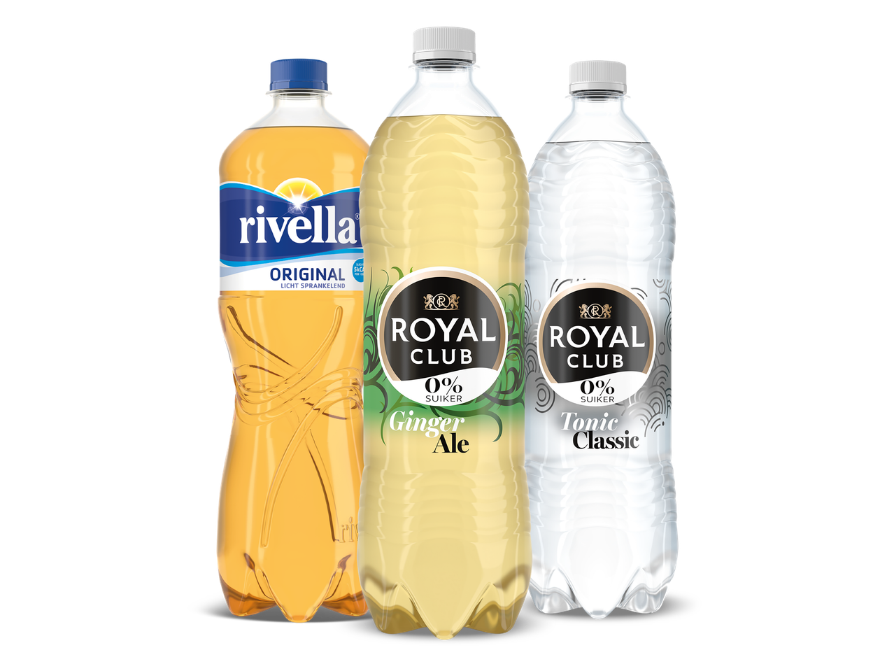 Drie flessen frisdrank: een originele, een gemberbier en een tonic, allemaal met 0% suiker.