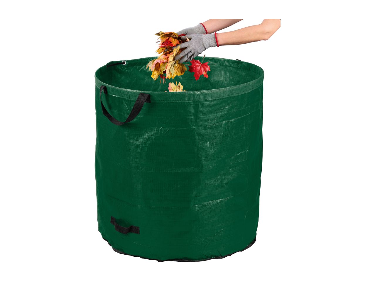 Hands in gardening gloves dropping autumn leaves into a green pop-up garden waste bag