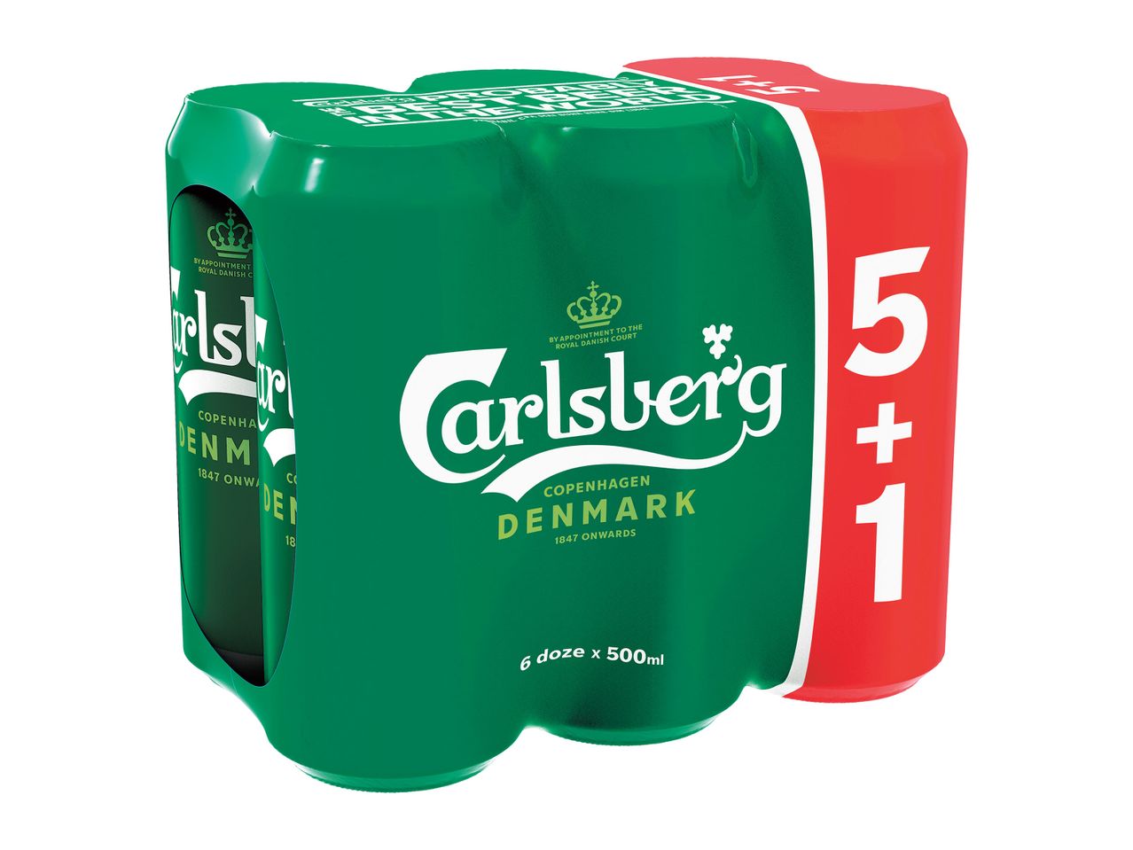 Un set de 6 doze de bere Carlsberg de 500 ml, cu o promoție 5+1.