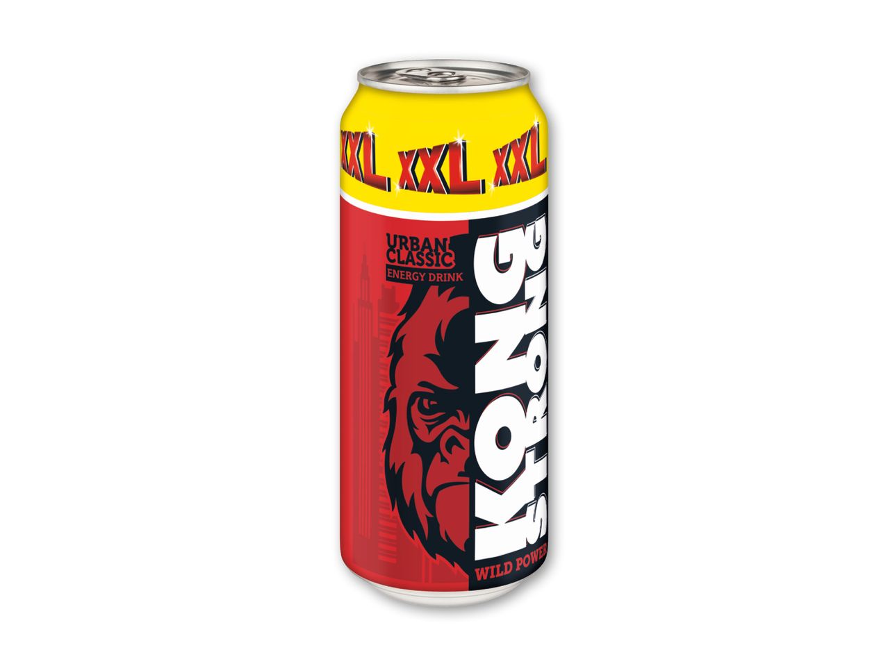 Energidrik i en rød og gul dåse med en gorilla og teksten 'URBAN CLASSIC ENERGY DRINK WILD POWER'.