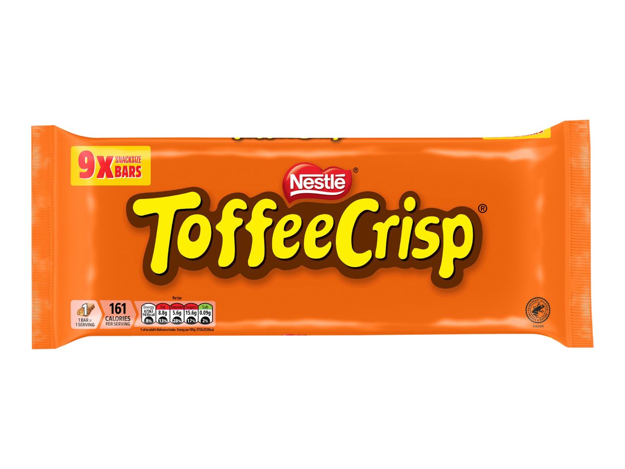 Orange snack-size toffee crisp bars multipack with nutritional information.