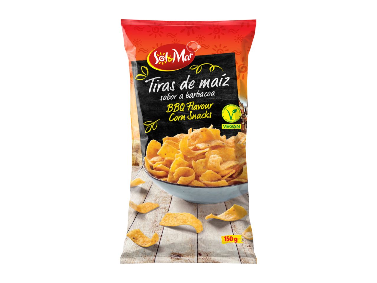 BBQ flavour corn snacks in a red and black bag, with a vegan label and 150g weight.