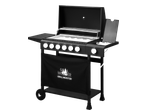 Grillmeister 6 Burner Gas Barbecue with side burner and storage shelf.