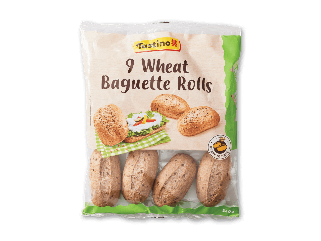 Pakke med 9 hvede baguetteboller, klar til at bage, med en bolle skåret op med salat og ost.