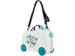 Kids' rolling suitcase with tropical design.