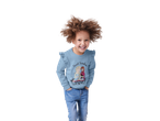 Child wearing a Frozen sweatshirt and jeans.