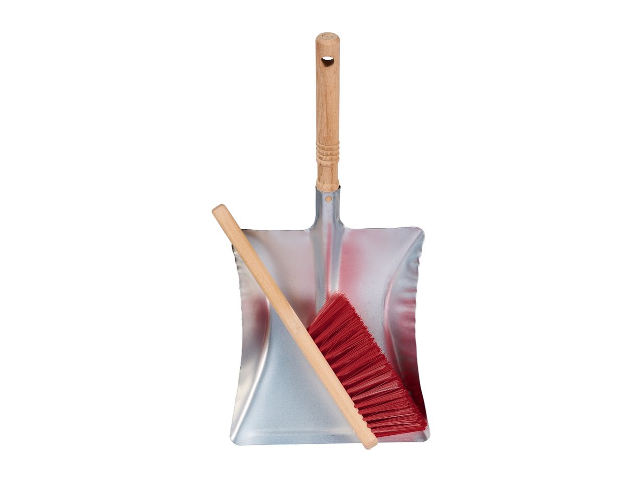 A metal dustpan with a wooden handle and a red brush with a wooden handle.