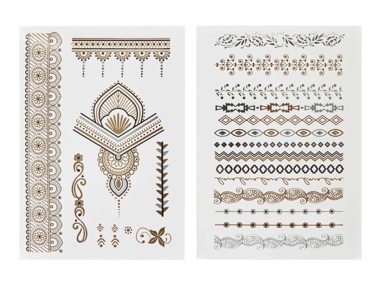 Two sheets of metallic temporary tattoos with ornate, geometric designs.