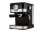 Black and silver espresso machine with a pressure gauge and control knobs.