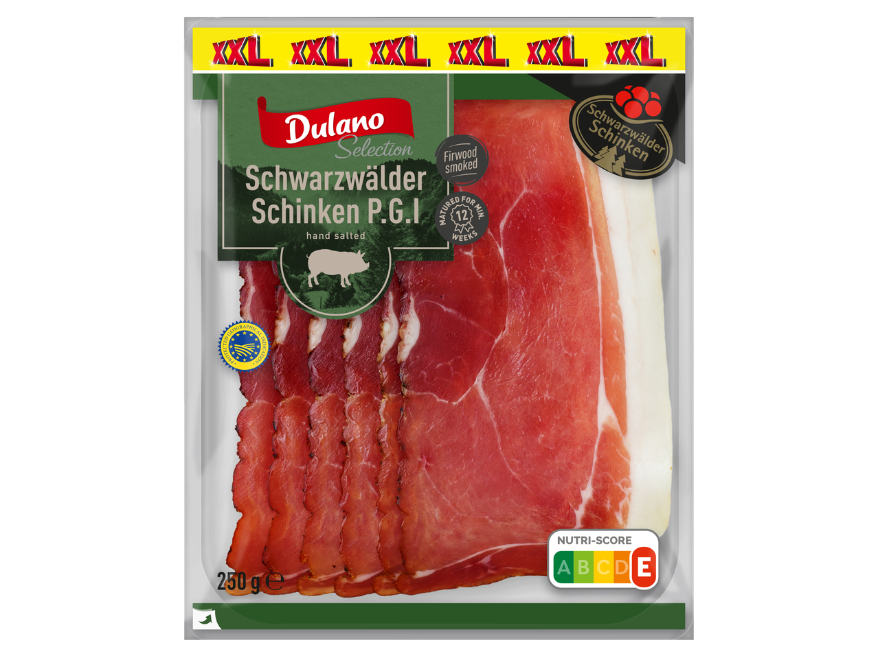 Dulano Schwarzwälder Schinken XXL, kūpināts ar egles koksni, ar rokām sālīts, 250g, Nutri-Score E.
