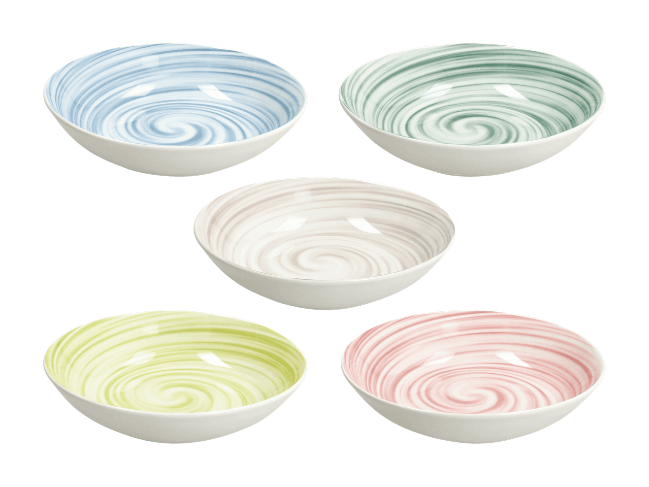 Cinque ciotole in ceramica con motivi a spirale in diverse tonalità pastello.