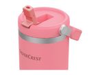 Pink Silvercrest travel mug with a silver band and a pink flip-top lid.