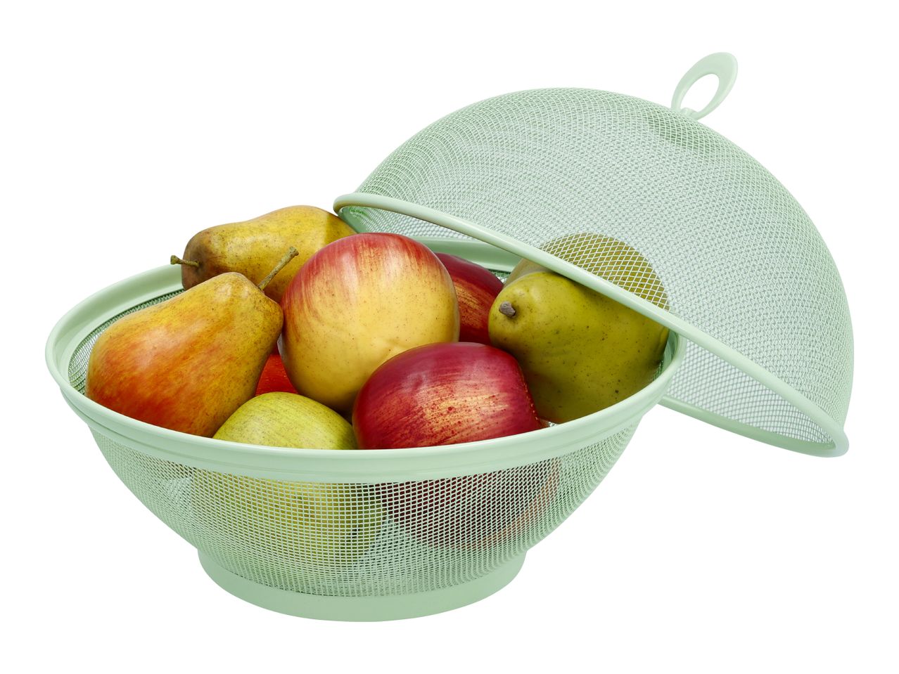 A light green mesh fruit bowl with a lid, filled with apples and pears.